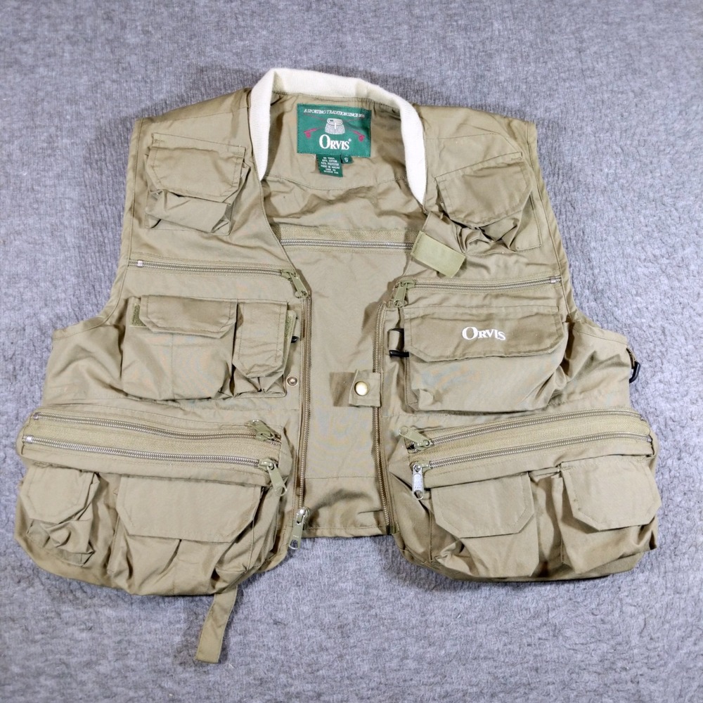 Vintage Orvis Fishing Vest Mens Small Khaki Multi-Pocket Utility Fly Fishing